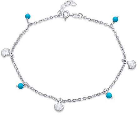 Bling Jewelry Bracelet De Cheville À Breloques Multiples En Turquoise Et Coquillage De Palourde Pour Femmes En Argent Sterling .925 Réglable De 9 À 10 Pouces