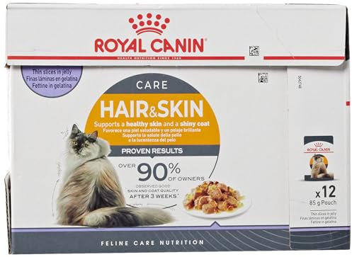 Royal Canin Hair & Skin Care Jelly | 12 x 85g | Alleinfuttermittel für ausgewachsene Katzen | Feine Stückchen in Gelee | Kann zu einem gesunden Fell beitragen