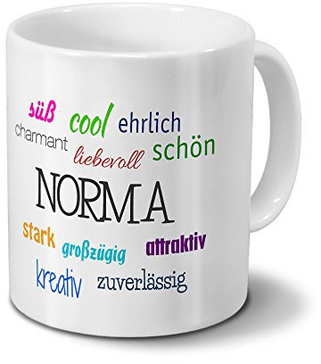 Tasse mit Namen Norma - Motiv Positive Eigenschaften - Namenstasse, Kaffeebecher, Mug, Becher, Kaffeetasse - Farbe Weiß