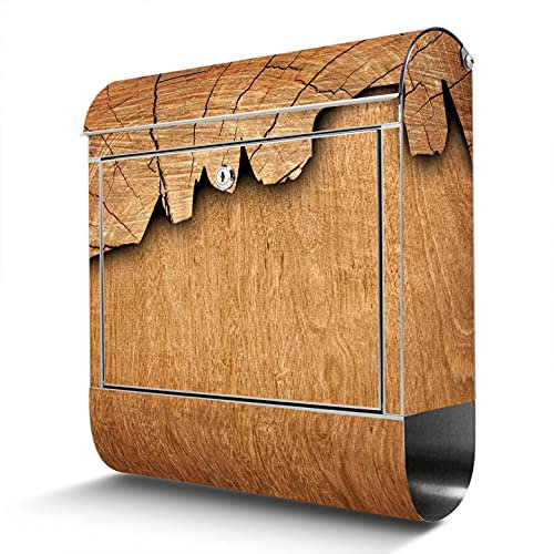 banjado® Briefkasten Edelstahl mit Motiv Holz 38x43x12cm & 2 Schlüssel - rostfreier Edelstahl Briefkasten mit Zeitungsfach - Postkasten A4 Einwurf inkl. Montagematerial