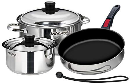 Magma 7 Piece Gourmet Nesting Stainless Steel Cookware Set with Ceramica Non-Stick, Induction Compatible, Oven Safe to 500°F - Suitable for All Stovetops, Removable Handles, Stainless Steel