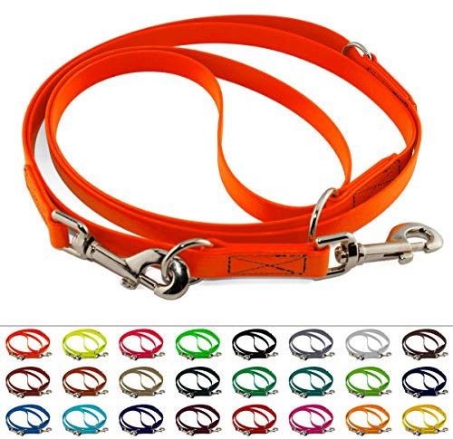 Mehrfach verstellbare BioThane Führleine, 19mm breit, 5m lang, Neon-Orange, genäht, Doppelleine