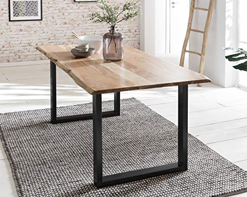 Baumkanten-Tisch Salito 140x80 cm | Esszimmertisch aus massiver Akazie | Baum-Tisch Natur | Metall U-Gestell in Schwarz