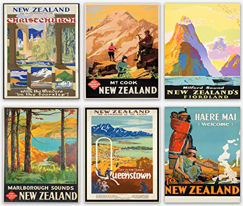 WallBUddy New Zealand Travel Prints Set of 6 Travel Posters Oceania Posters Retro Travel Art Retro Poster Wall Art New Zealand Poster Set Wellington (13cm x 18cm)