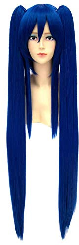 Baisheng Vocaloid MIKU Frauen Blau Lange Gerade Perücke Cosplay Anime Kostüm Party Perücke Pferdeschwanz Perücke Hitzebeständige Faser Volle Perücke (base wig +pigtail 100cm-Blau)