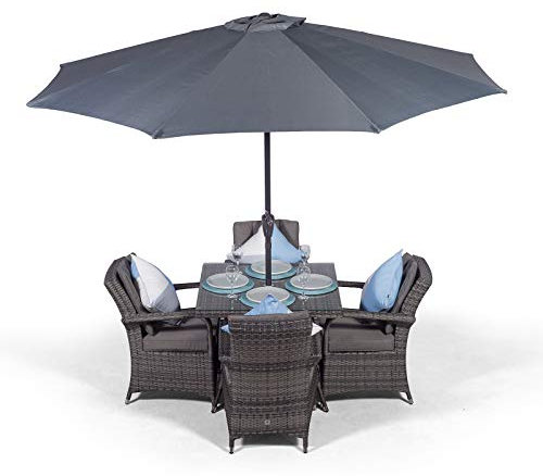 Arizona Luxury Rattan Dining Set | Square 4 Seater Grey Rattan Dining Set | Outdoor Poly Rattan Garden Table & Chairs Set | Patio Wicker Garden Dining Set with Parasol & Cover