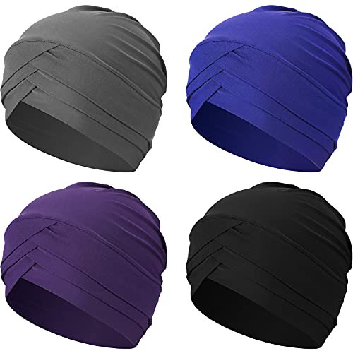 Geyoga 4 Stück Damen-Turban, Chemo-Kopfbedeckung, Krebshut, Kopfbedeckung, Dehnbare Turban-Kappe, Beanies, Schlafmütze, Schwarz, Königsblau, Lila, Grau, Medium