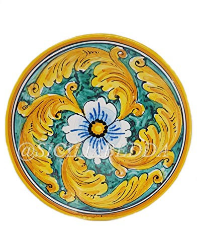 sicilia bedda - PIATTO IN CERAMICA SICILIANA con Decorazioni Maioliche - Articolo di Classe Dipinto a Mano (Fiore su Maioliche Gialle, Diametro 15 CM)