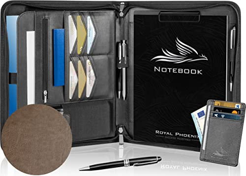 Royal Phoenix® Business Schreibmappe A4Raven - Hochwertige Konferenzmappe mit Doppel Reißverschluss - inkl. Kreditkartenetui + weiteren EXTRAS - Arbeitsmappe aus hochwertigem Kunstleder in Mokka