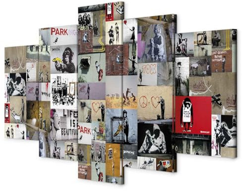 B&D XXL - Akustikbild Abstrakt Banksy 5 tlg - Bilder Akustikschaum Schallschutz Wand Deko Kunst Akustikpaneele Wandpaneele Schalldämmung Wandbild Schallabsorber Akustikplatten i-C-0092-b-n