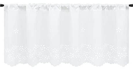 HeichkelL Tunnelzug Scheibengardine mit Lasercut Blumen Küche Vorhang Bistrogardine Kurzstores Halbtransparent Weiß 1 Stück BxH 120x60 cm