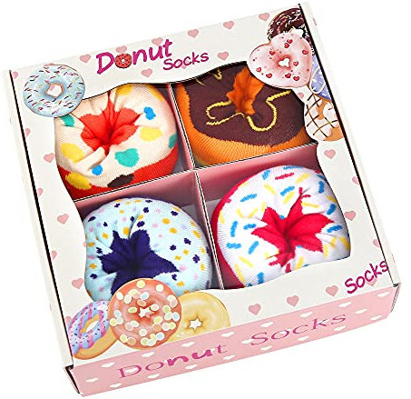 Lustige Donut Socken Box - Lustig Bunte Coole Geschenke für Frauen Damen Teenager Mädchen Mama Oma Freundin Frau - Witzige Muttertagsgeschenk Ostern Weihnachten Strümpfe Geschenkideen - 4 Paare(XL)