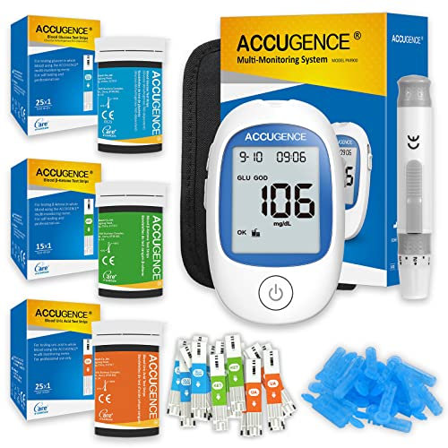 ACCUGENCE 3 en 1 Sistema de monitor multifunción, con 25 tiras de prueba de ácido úrico, 25 tiras de prueba de glucosa, 15 tiras de prueba de cetonas y lancetas