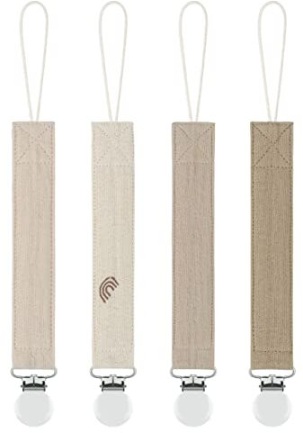 MoodyBaby® Soft Organic Muslin Cotton Fabric Dummy Clips - Handmade Pacifier Clip Chain for Babies Newborns Girls Boys - Mam Soother Chain Neutral Unisex Boho Shower Gift - 4 Pack (Tan Beige)