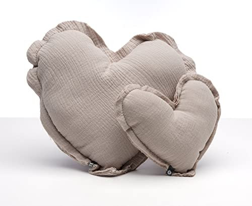 von Herzen Handmade Musselinkissen aus 100% Baumwolle Kuschelkissen I Dekokissen auf Musselin in Herzform I Herzkissen für Sofa & Bett (Groß (Ø ca. 32cm), Taupe)