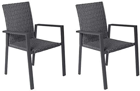 Home4You Gartenstuhl 2er Set Essstuhl Balkonstuhl Mittellehner Stapelstuhl Flechtstuhl | Aluminium | Kunststoffgeflecht | Anthrazit | Grau | Stapelbar