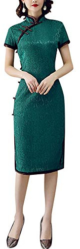 Dam blommig spets cheongsam elegant keps ärm mandarinkrage kinesisk fest Qipao vintage kostym, 02-133c# Grön, M