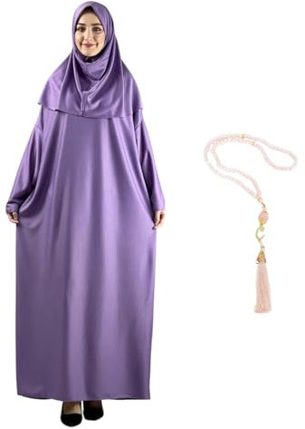 Modish Group Women Prayer Clothes With Hijab Muslim Outfits Long Robe Abaya Turkish Islamic Dresses Dubai Kaftan With Rosary (as8, alpha, one_size, regular, regular, Lilac)
