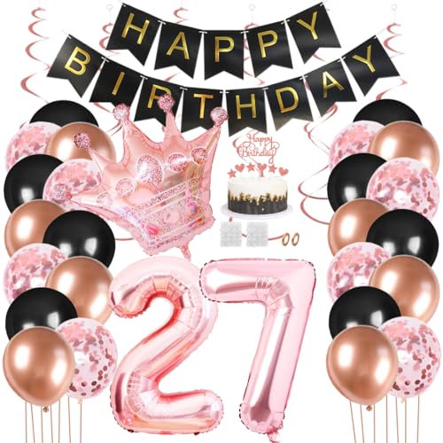 Juland 27. Geburtstag Deko Männer Frauen Schwarz Rose Gold Geburtstagsdeko Mädchen Junge Happy Birthday Banner 27 Jahre Geburtstag Nummer Folienballons Krone Konfetti Luftballons Tortenaufsatz