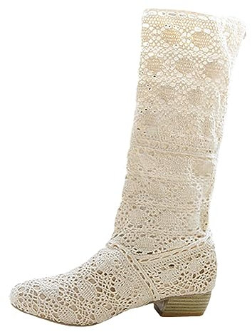 Commercio Estero Autunno Donna Stivali Pizzo Hollow Tacco Basso Testa Rotonda Barile Alto Stivali Lunghi Stivali di Gomma Donna, bianco, 40 EU