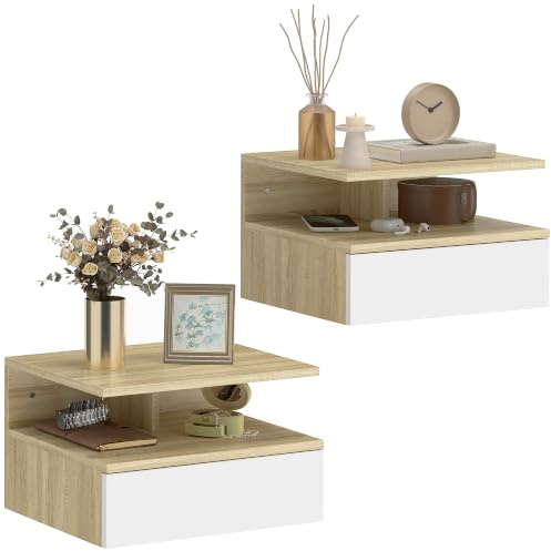 HOMCOM Juego de 2 Mesitas de Noche Flotantes 35x32x22,5 cm Roble y Blanco | Mesillas de Noche Dormitorio, Cajón, Estante Abierto, Ahorra Espacio, Diseño Moderno, para Sala de Estar