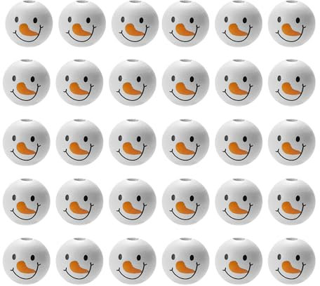 JDCMEI 60 Stück Weihnachts Schneemann Holzperlen 20 mm/0.78 Holzperlen Weihnachten Schneemanngesicht Holzperlen Runde Holzperlen mit weihnachtlichem Schneemann-Aufdruck Für DIY Crafts Girlande Machen