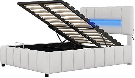 Azkoeesy Polsterbett 140 x 200 cm mit Bettkasten, LED-Beleuchtung, mit Latenrost, Funktionsbett Doppelbett Jugendbett mit Stauraum, Bezug aus Samt, Grau