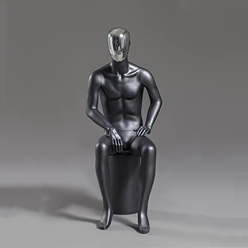 Männliche Schaufensterpuppe mit plattiertem Gesicht, schwarze Fiberglas-Einzelhandelsschaufensterpuppen mit vollem Körper, abnehmbarer Dummy-Modell-Ausstellungsständer, sitzende Position (Farbe: gol