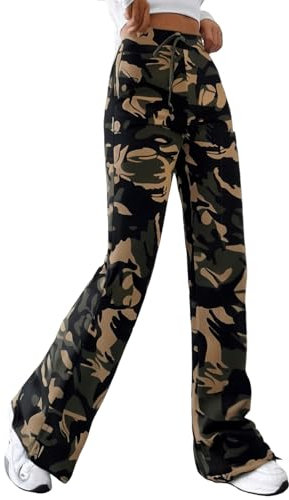 Nuofengkudu Camouflage Schlaghose Bootcut Hose Damen Stretch Jogginghose Wide Leg Camo Muster Skinny Sporthose Gummibund Kordelzug Tarnhosen Teenager Streetwear Schlupfhose Sweathose Outdoor Grüne L