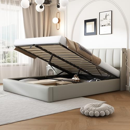 Rtopsu Letto Imbottito Letto Matrimoniale 180x200 cm con USB Type C e LED, Letti con Contenitore, Letti Idraulico con Rete a Doghe e Telaio in Metallo, Testata Regolabile, PU, Grigio, Senza Materasso