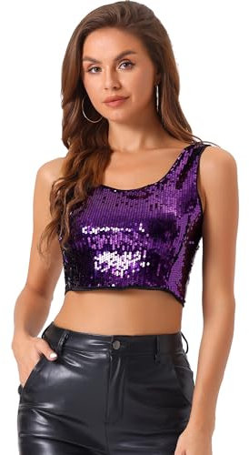 Allegra K Top corto metallico da donna per Halloween, Y2K, con paillettes, scollo rotondo, senza maniche, per feste e discoteche, Viola, M