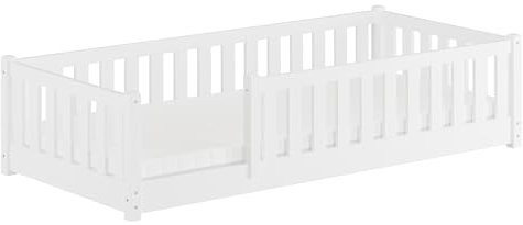 Erst-Holz Flachbett, Holzbett mit Rundumschutzgitter 90x200 Kiefer waschweiß lackiert V-60.77W-09, Ausstattung:Rollrost und Matratze inkl.