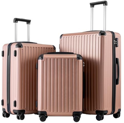 COOLIFE Suitcase Trolley Carry on Hand Cabin Luggage Hard Shell Suitcase Lightweight ABS Material with TSA Lock Telescopic Handle and 4 Dual Spinner Wheels (Rose Gold, 3 Piece Set)