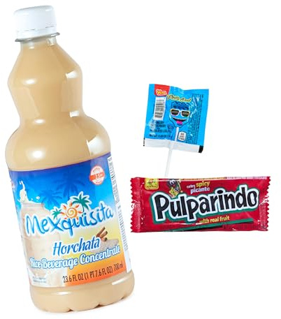 Horchata Konzentrat von Mexquisita Flasche 700ml ergibt 4 Liter-Concentrado Horchata rinde 4Litros-mexikanisches Getränk aus Reis mit Zimt-Plus Pulparindo Extra Scharf & Vero Pinta Azul Himbeere Lolli