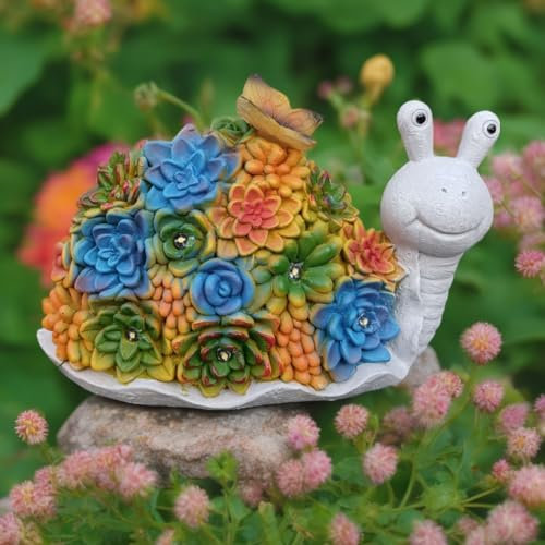 OKESYO Solar Gartenfiguren Schnecken Gartendeko für Draußen mit Sukkulenten und Wetterfest LED Leuchten, Solar Garten Statue Home Balkon Dekoration, Geschenke für Frauen Männer Mama
