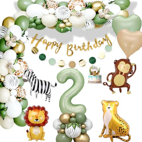 Deko 2. Geburtstag Junge Mädchen,Geburtstagsdeko 2 jahr,Grüne 2.Geburtstag,Dschungel Geburtstagsdeko 2 Jahr,Kindergeburtstag Deko 2 Jahr mit Safari Luftballons 2. Geburtstag für Deko 2. Geburtstag
