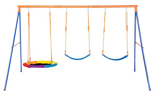 VEVOR Kit Balançoire de Jardin Capacité de Charge 272 kg, Portique Balançoire avec 1 Nacelle et 2 Sièges à Ceinture, Cadre en Métal Robuste en A et Corde Réglable, pour Arrière-Cour Aire de Jeux