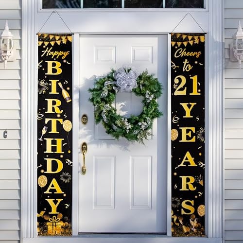 Happy 21st Birthday Door Banner Black Gold 21st Birthday Party Decorations, 21st Birthday Door Decorations Porch Hanging Banner for Girl Boy Her 21 Year Old Indoor Outdoor Garden Black Gold
