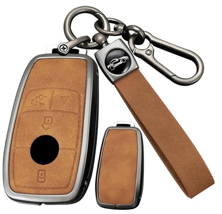 ontto Coque de clé de voiture pour Mercedes Benz A C E S G Classe GLC CLE CLA GLB GLS W177 W205 W213 W222 X167 S63 S65 AMG Étui de protection en cuir métallique 4 boutons Marron
