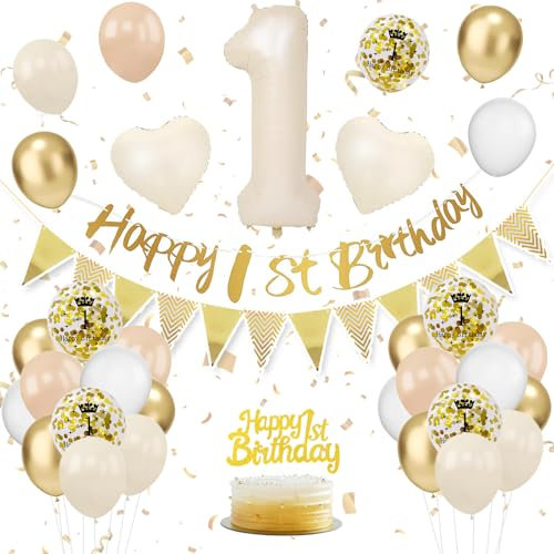 1. Geburtstag Deko Beige, Luftballon Deko 1. Geburtstag Junge Mädchen, Geburtstagsdeko 1 Jahr, Beige Weiß Gold Luftballons 1 Geburtstag mit Banner Geburtstag Tortendeko für Geburtstag Dekoration