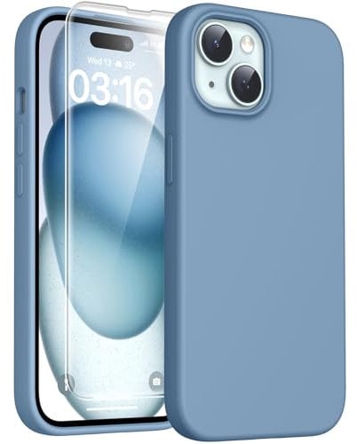TOCOL 3 in 1 Silicone for iPhone 15 Case 6.1-Inch, with 2 Pack HD Tempered Glass Screen Protector, Liquid Silicone Slim Silky-Soft Touch Multi-Color Anti-Scratch Shockproof Cover, Winter Blue