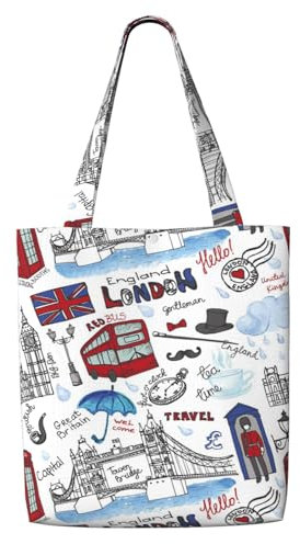 CHANGLEI London-Einkaufstaschen, wiederverwendbare Tragetaschen, Einkaufstaschen, bedruckt, Leinen, faltbar, waschbar, leichte Tragetasche, Schwarz , Einheitsgröße