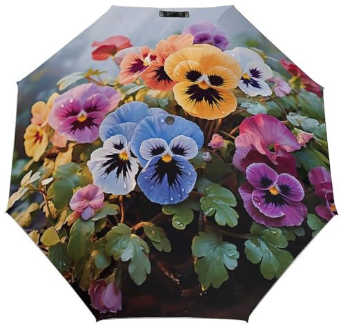 HJKBCV Regenschirm mit Stiefmütterchen-Blumen, 3-fach gefaltet, für Damen und Herren, kompakter, automatischer Regenschirm, winddicht, Reise-Regenschirm, stark, leicht, Regenschirme für draußen, Sonne
