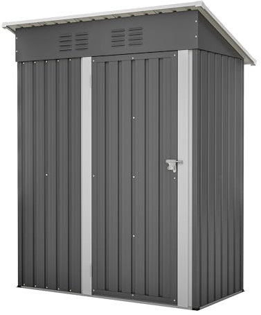 Thanaddo Geräteschuppen Gerätehaus 152 x 84 x 182 cm, 1,5m³ Stauraum, Metall Gartenschuppen mit Pultdach Belüftungslöcher, wetterfest Lagerschuppen im Freien für Outdoor (Grau)