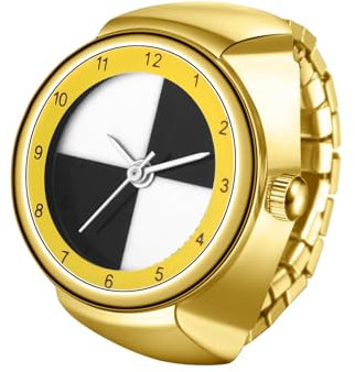 JewelryWe Ringuhr Fingeruhr Elastische Ring: Damen Herren Analog Quarz Fingerringuhr Gold Edelstahl Stretchband Uhr Uhrenring mit Schwarz-Weißem Zifferblatt & Zugband