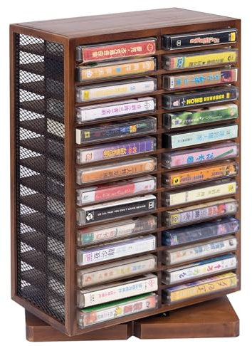 Cassette Tape Storage Box, Wood Cassette Rack, Wooden Cassette Tape Holder 360-Degree Rotatable, 56 Capacity, Double-Sided & Diamond Metal Wire Mesh