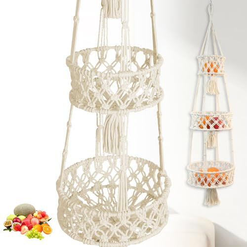 KBIBCK 3-Stöckiger Hängender Obstkorb, Boho Obstkorb, Hängekorb Küche, Hängender Baumwollseil Gemüsekorb, Obst hängekorb, Hanging Fruit Basket, für Kann in Küchen, Esszimmer, Wohnzimmer, Terrassen