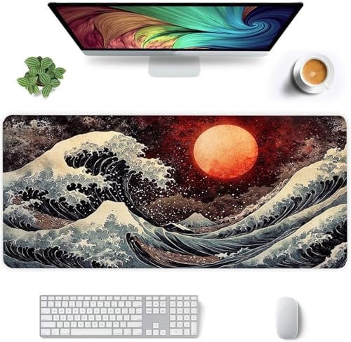 Gaming Mouse Pad Japanese Wave Moon Extended Large Desk Pad 23.6x11.8 inch XXL Large Mouse Mat, with Non-Slip Rubber Base,gaming mouse pad Improves Speed for PC, Laptop, Office