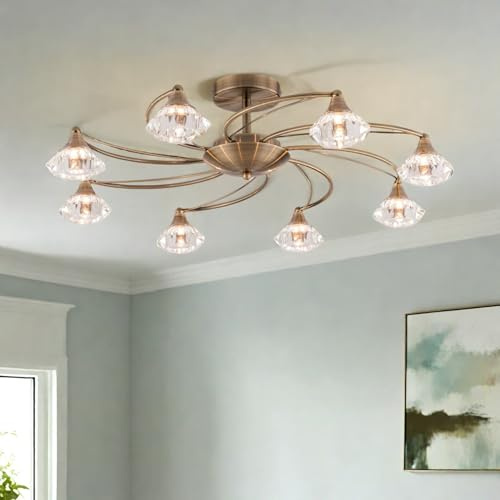 HARPER LIVING 8-Light Modern Chandeliers, Antique Brass Flush Ceiling Light with Premium Glass Shades, G9 Base, D70cm Large Dimmable Ceiling Lamp for Living Room Bedroom Kitchen, No Bulbs