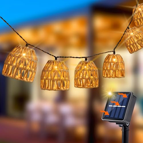 Solar Outdoor Patio String Lights,13FT 10Led Rattan Style Lantern String Lights,Solar Fairy Lights Boho Fairy Lights for Patio Pergola Garden Party Backyard